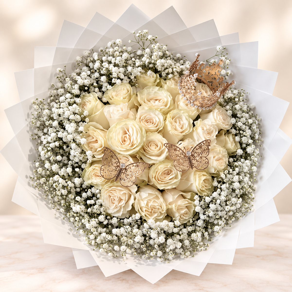 25 White Rose & Baby Breath Luxury Hand-Tied Bouquet (White Transparent Wrapping)