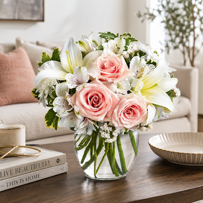 Pink Roses & White Lilies Vase Arrangement | Same-Day Flower Delivery San Diego