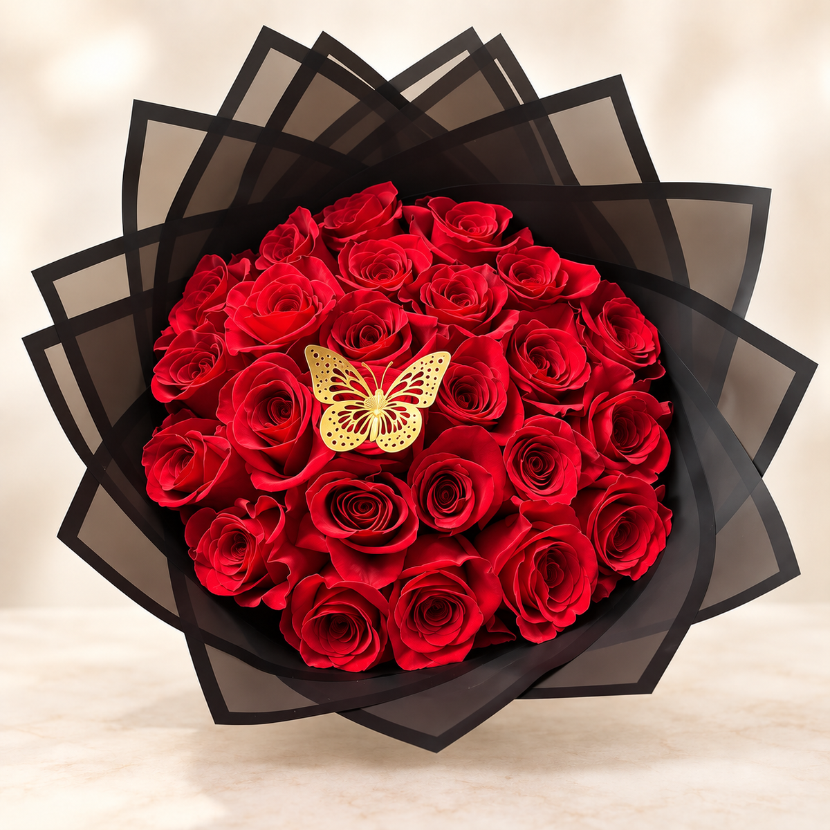25 Red Rose Luxury Hand-Tied Bouquet (Black Transparent Wrapping)