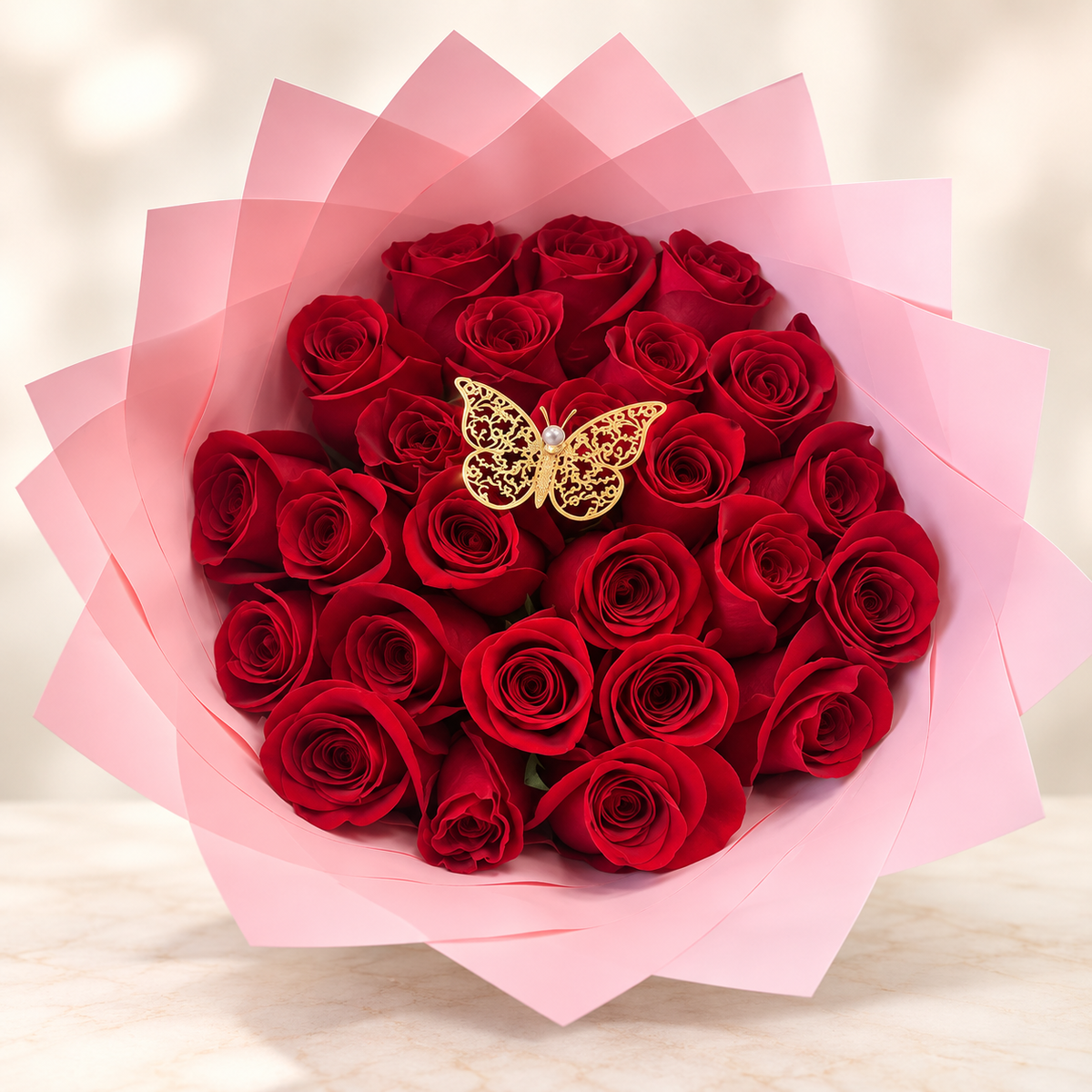 25 Red Rose Luxury Hand-Tied Bouquet (Pink Transparent Wrapping)